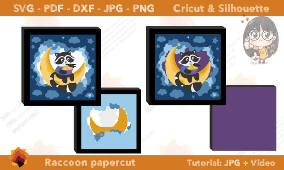 3D SVG Shadow Boxes: Papercut Raccoon Eating Noodle on the Mo